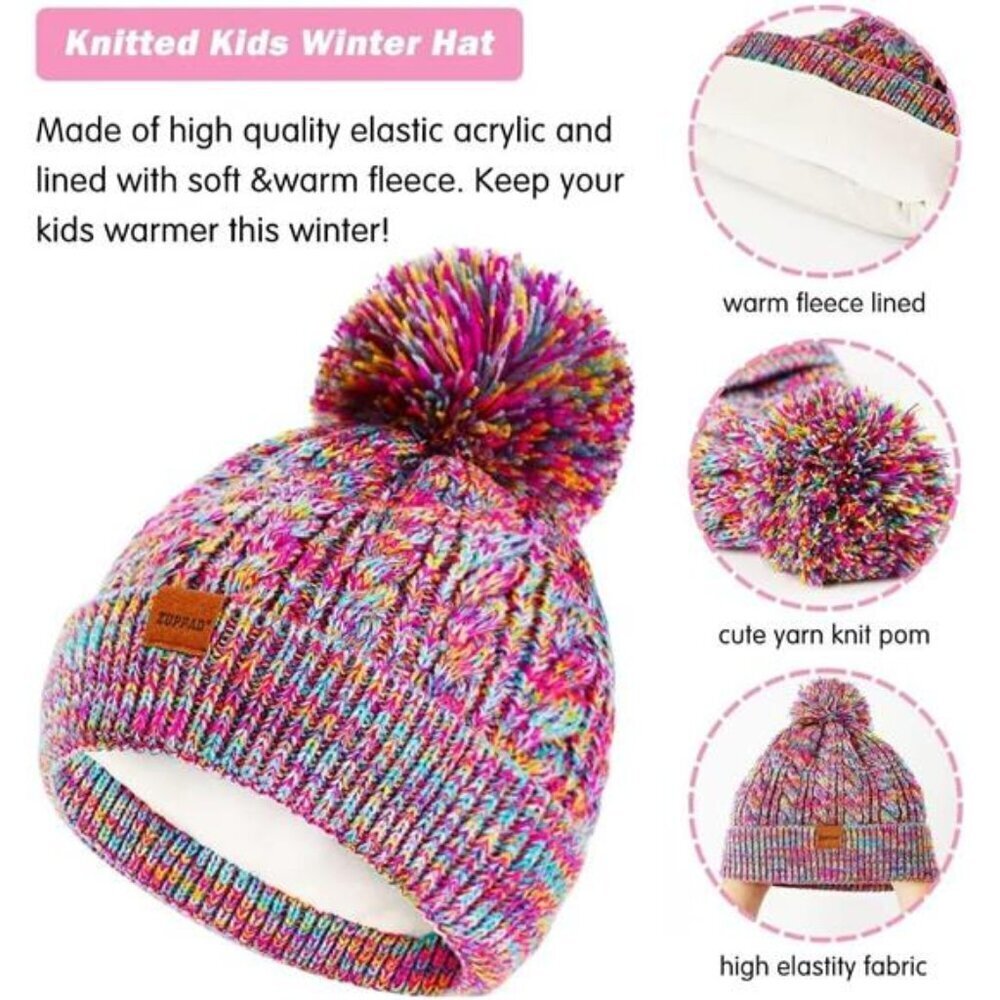 Kids Winter Hat Gloves Scarf Set,Girls Toddler Children Hats Beanie with Pom - Picture 2 of 7